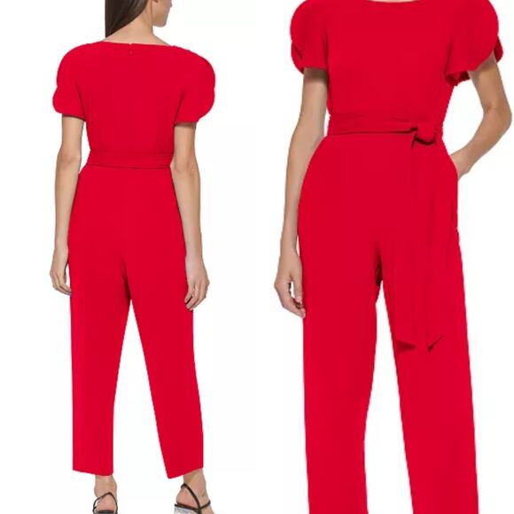 Calvin Klein Red Tulip-Sleeve Cropped Jumpsuit - Picture 2 of 9
